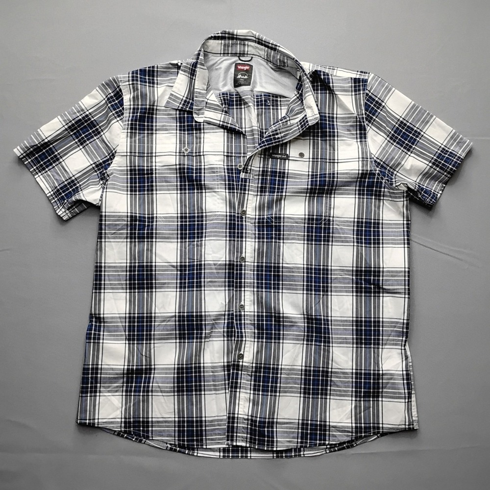 Wrangler Mens 2XL Regular Fit Plaid Short Sleeve Outdoor Shirt White Blue